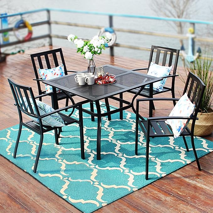 PHI VILLA 37 Inch Outdoor Dining Table Metal Steel Mesh Patio Dining Table Umbrella Table with 1.57" Umbrella Hole (Mesh)