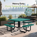 46Inch Square Picnic Table for 8 Person, Outdoor Heavy Duty Sturdy Picnic Tables with 4 Benches & Umbrella Hole, Commercial Metal Patio Picnic Table for Garden, BBQ, Coffee Store, Party, Porch (Green)