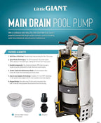 Little Giant MDP-1 115-Volt, 4260 GPH, 3/4 HP Manual Submersible Stainless Steel Main Drain Swimming Pool Utility Pump for Removing Standing Water, 25-ft Power Cord, Steel, 577306