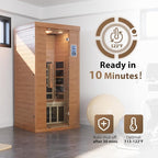 Polar Aurora 1- Person Infrared Sauna, Remotely Controllable Indoor Sauna, Low EMF 1200W/120V LCD Heater, WiFi & BT Control, 9-Color Light Therapy, Safe Flame-Retardant Material, Wood