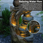 34.3''H Outdoor Water Fountain Owl Tree Stump, 4 - Tier Cascading Waterfall Garden Fountains with LED Lights & Pump Water Feature Resin for Patio, Deck, Yard, Home Decor