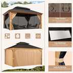 YOLENY 10' x 12' Hardtop Gazebo, Wood-Looking Gazebo with Galvanized Steel Double Roof, Aluminum Frame, Permanent Metal Pavilion with Netting and Curtains for Deck, Backyard, Patio and Lawns
