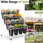 4 Layers Flower Display Stand with Buckets, 16 PCS Buckets Plant Stand with Wheels, Movable Metal Plant Stand for Terrace Garden, Living Room, Florist Shop