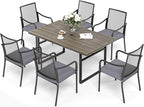 Patio Table and Chairs Set of 6, All-Weather Breathable Metal Mesh Patio Chair with Gourd-Shaped Armrests, 64x38 Wood-Like Table with Umbrella Hole, 7 Pcs Metal Frame Patio Dining Set
