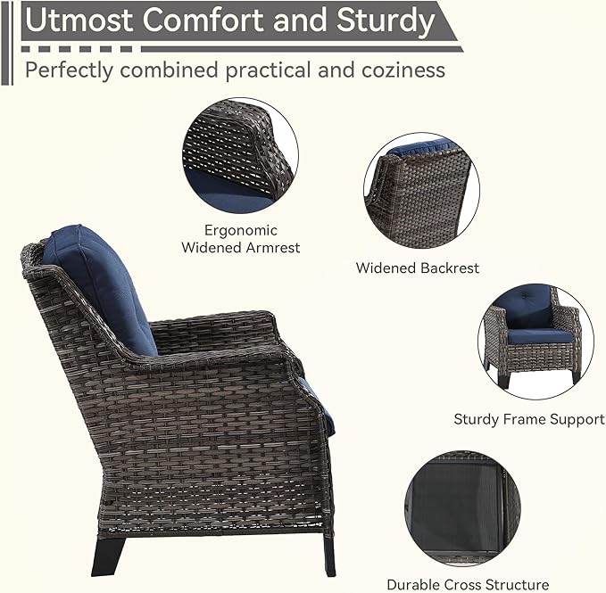 5 Piece Patio Furniture Wicker Conversation Set, 2 Chairs, 2 Ottomans with 1 Side Table, for Outdoors, Backyard, Deck, Navy