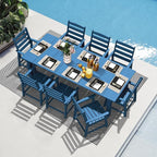 LOUNZY 9 Pieces Patio Dining Sets, 90'' Table Outdoor HDPE Furniture Set w/ 2" Hole Cut-Out Dining Table with 8 Patio Chairs for Lawn, Pool and Yard, Navy