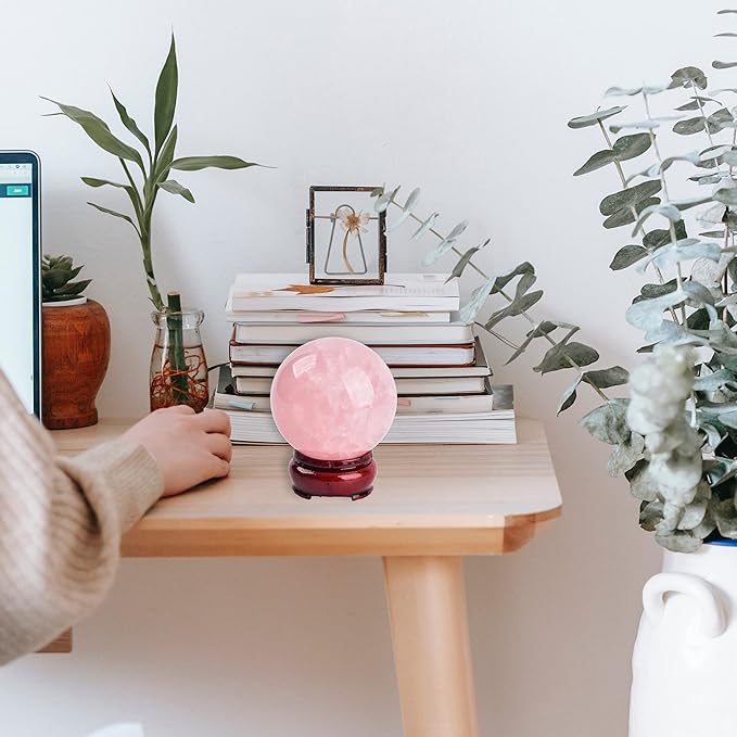 JIC Gem Natural Pink Rose Quartz Ball Sphere with Base,3.5 Inch