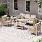 Aluminum Outdoor Patio Furniture Set, HDPE Rope 5 Piece Modern Sectional Conversation Sets with Dual-Layer Coffee Table, All Weather Patio Couch Set with Thick Cushions, Silver Frame, Beige