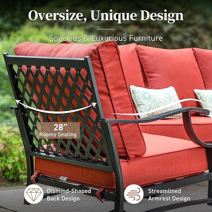 6 Piece Metal Outdoor Patio Furniture Set, Patio Conversation Sets 1 3-Seater Sofa, 2 Swivel Chair, 2 Leg Chair with 5.75" Thick Cushion and Coffee Table, Backyard Furniture Set, Red