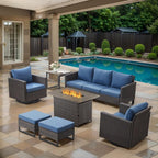 7 Piece Wicker Patio Furniture with Fire Pit Table - Outdoor Conversation Set with 50,000 BTU Fire Pit, All Weather Rattan Patio Set for Deck Backyard Garden - Brown Wicker Blue Cushion