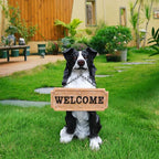 Border Collie Outdoor Dog Statue with Reversible “Welcome/ON Patrol” Plaque and Solar Path Lantern, Black & White Sitting Herding Dog Yard Accent