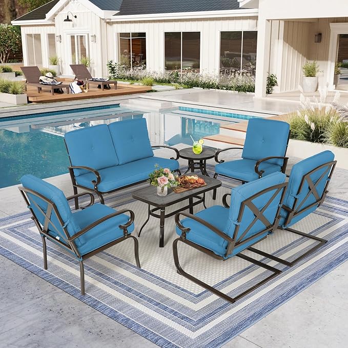 7-Piece Outdoor Metal Furniture Sets Patio Conversation Set, Wrought Iron Loveseat, 2 Dining Chairs, 2 Spring Chairs and Coffee Table, Peacock Blue
