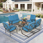 7-Piece Outdoor Metal Furniture Sets Patio Conversation Set, Wrought Iron Loveseat, 2 Dining Chairs, 2 Spring Chairs and Coffee Table, Peacock Blue