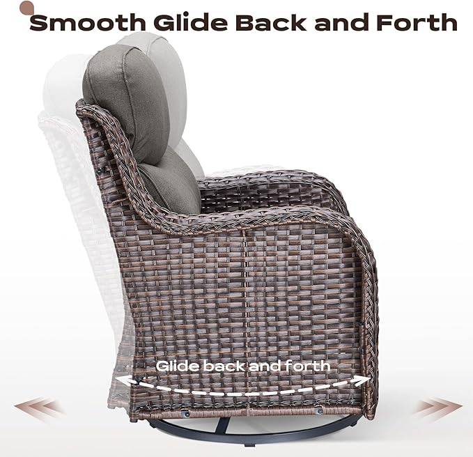 Rilyson Wicker Outdoor Patio Furniture Set - 5 Piece Patio Conversation Sets with Swivel Rocker Chairs, Ottomans and Side Table, 6 inch Cushions, Waterproof Wicker, for Porch Deck Brown/Grey