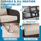 Vista Vibe 4 Pieces Outdoor Patio Conversation Furniture Set - 78" 3-Seat Couch | 2 Chairs | Metal Coffee Table, Rattan Wicker Loveseat Sofa with Washable Cushions, Garden, Deck, Terrace (Beige)