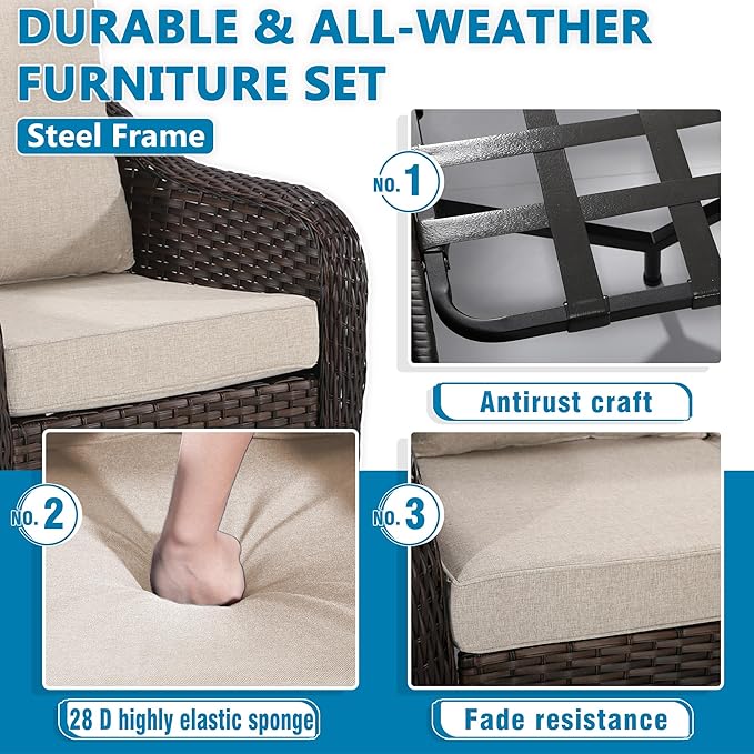 Vista Vibe Outdoor Wicker 360 Degree Swivel Glider Rocker Chairs set of 2 with Cat Nest Side Table, All-weather Rattan Patio Conversation Furniture Set with Washable Cushions for Balcony, Yard (Beige)