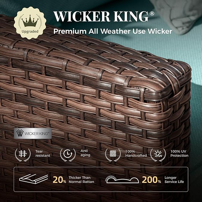 Patio Furniture Set, 7 Pcs Wicker Rattan Outdoor Conversation Set, 4 x Leg Chairs, 1 x 3 Seater Sofa and 2 x Ottoman with 4" Thick Cushion for Garden Backyard Deck, Blue