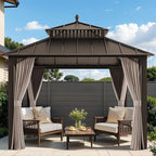 SUNJOY Kingston 10' x 10' Hardtop Gazebo with Galvanized Steel Double Roof, Curtain and Netting, Brown Aluminum Posts Permanent Pavilion Gazebo for Garden, Patio, Deck, Lawn