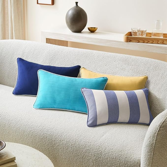 Decorative Outdoor Water Repellent Throw Pillows with Inserts, Set of 4, 20" x12" Pillows for Patio, Backyard, Bed, Couch, and Patio Furniture, Navy Stripe