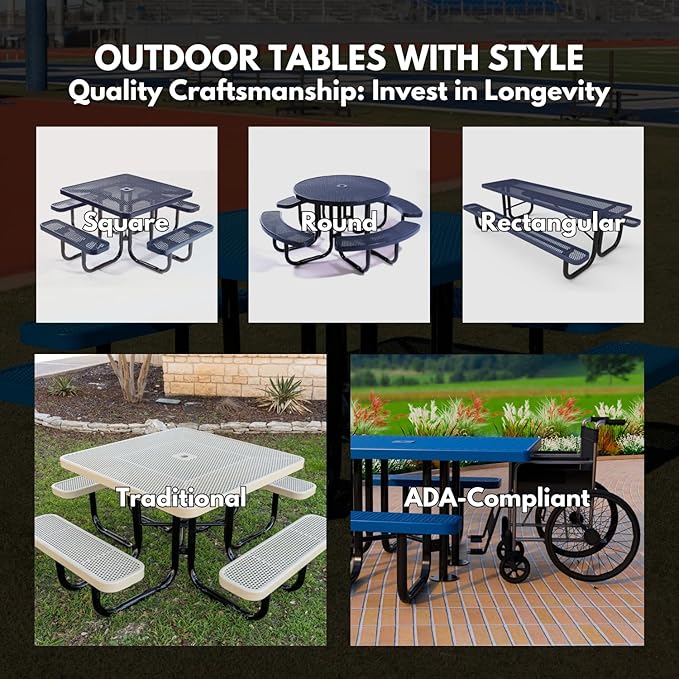 COATEDOUTDOORFURNITURE Heavy-Duty Portable ADA-Compliant Outdoor Picnic Table with Umbrella Hole, Expanded Metal Patio Dining Furniture Made in America (46" Square Top, Textured Black)