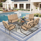 7-Piece Outdoor Metal Furniture Sets Patio Conversation Set, Wrought Iron Loveseat, 2 Dining Chairs, 2 Spring Chairs and Coffee Table, Brown