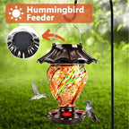 LUJII Solar Hummingbird Feeder for Outdoors Hanging with Color Changing, Hand Blown Glass, 35 fl.oz, Never Leak, Lighted Lantern for Garden Decoration, Unique Gift for Bird Lovers, Red