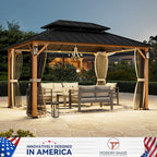 Modern Shade The Horizon Hardtop Gazebo 10' x 14' with 4 LED Lights, Permanent Outdoor Gazebo with Galvanized Steel Double Roof, Grill Pavilion with Decor Hooks, Mosquito Nettings, Wood-Looking