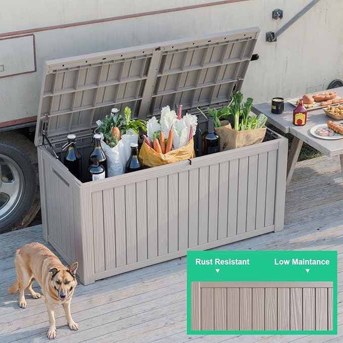 180 Gallon Outdoor Deck Box,Storage Lockable Waterproof Patio Furniture,Garden Tools,Cushions,Pool Accessories Outside Storage Resin Box(Grey)