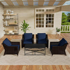 Vista Vibe 5 Pieces Outdoor Rattan Patio Conversation Furniture Set - 4 Wicker Chairs | Steel Coffee Table, Premium & Washable Cushions, Living Room, Poolside (Brown/Navy)