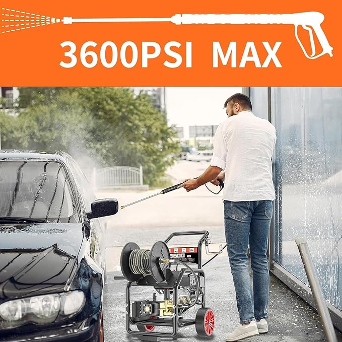 3600 PSI Gas Pressure Washer, One-Button Start 212cc 7HP Engine 3.3GPM, Includes Hose Reel，50 FT 3/8 inch Hose，5 Quick Connect Nozzles，Spray Gun and Wand