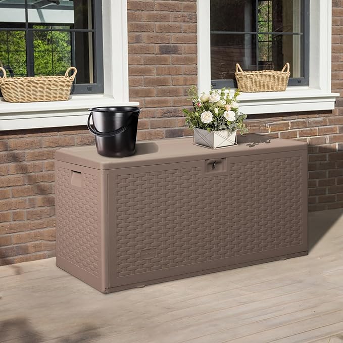 73 Gallon Outdoor Storage Box - Waterproof Resin Deck Box for Patio, Pool & Garden, Lockable Outdoor Cushion Storage & Delivery Boxes for Outside, UV-Resistant, Rich Brown