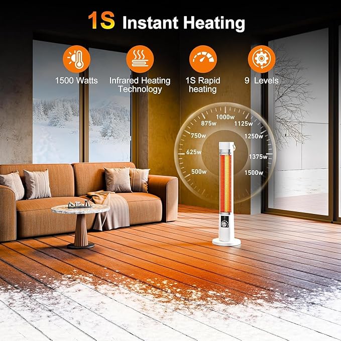 Outdoor Heater for Patio, 1500W Infrared Electric Heaters Indoor w/Remote, 60° Oscillation, 9H Timer, 9 Heat Level, Tip-Over/Overheating Protection, Safety Lock, for Garage Porch Office Pearl