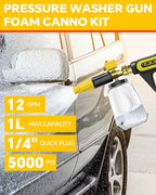 POHIR 5000 PSI Pressure Washer Gun with Cannon, Power Washer Sprayer with Dual Adjustable Foam Lance,1/4" Quick Connector with Nozzle Tips (Gun+Foam Cannon+Dual Connector+Nozzle)