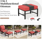 7 Piece Metal Outdoor Patio Furniture Set, Patio Conversation Sets 1 3-Seater Sofa, 2 Fixed Chairs, 2 Swivel Chairs, 2 Ottomans with 5.75" Thick Cushion, Black Backyard Furniture, Red