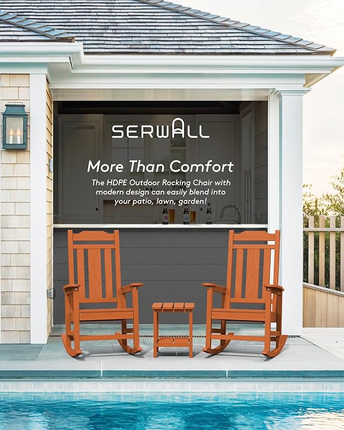 SERWALL HDPE Rocking Chair Set of 2, All Weather Patio Rocking Chair, HDPE Poly Rocking Chair for Adults, Heavy Duty Front Porch Rocker, Orange