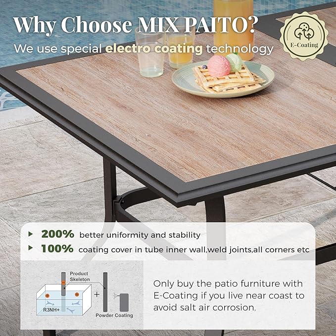7 Pieces Patio Table and Chairs Set, Outdoor Dining Furniture Set for 6, 6 Brown Textilene Chairs and 61" Wood-Like Table Top with Umbrella Hole, for Deck Backyard Lawn
