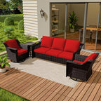 Vista Vibe 4 Pieces Outdoor Patio Conversation Furniture Set - 78" 3-Seat Sofa | 2 Swivel Glider Rocker Chairs | Wicker End Table, Rattan Loveseat, Upholstered Couch, Garden, Deck (Brown/Red)