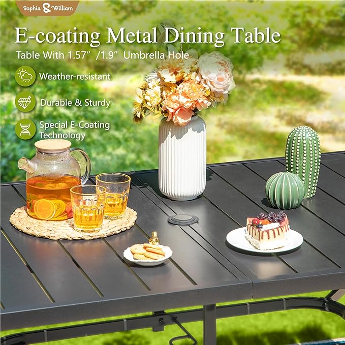 Sophia & William 8-Piece Outdoor Dining Set with 13ft Large Patio Umbrella - Navy, 6 x Grey Swivel Patio Chairs & 59" Dining Table for Lawn Garden