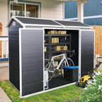 Outdoor Storage Shed with Two-Window and Double-Door, Resin Storage Shed with Lockable Door, Plastic Shed with Floor for Gargen, Patio, Yard, Lawn (Black, 8 x 4 FT)