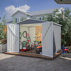8x6 ft Outdoor Waterproof Metal Storage Shed with Foundation Floor Frame, Lockable Hinged Doors & Air Vents, All Weather Garden Tool Shed for Backyard Lawn, Galvanized Steel - Grey