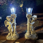 Angel Statue with Solar Lights (Left) 19.7 Inch, Outdoor Solar Angel Garden Statue with Roma Pillar for Garden Lawn Deocr, Christian Religious Gift