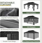 Aoxun Hardtop Gazebo 12x20 with Gutter, Upgraded Wider Aluminum Outdoor Gazebo with Galvanized Steel Double Roof, Patio Permanent Metal Pavilion with Netting and Privacy Curtain