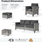 ovios 8 Pieces Patio Furniture Set Outdoor Sofa Couch with Solar Lights Table Comfy Cushions, Modern Deep Seat Wicker Rattan Conversation Set for Porch Deck, Black