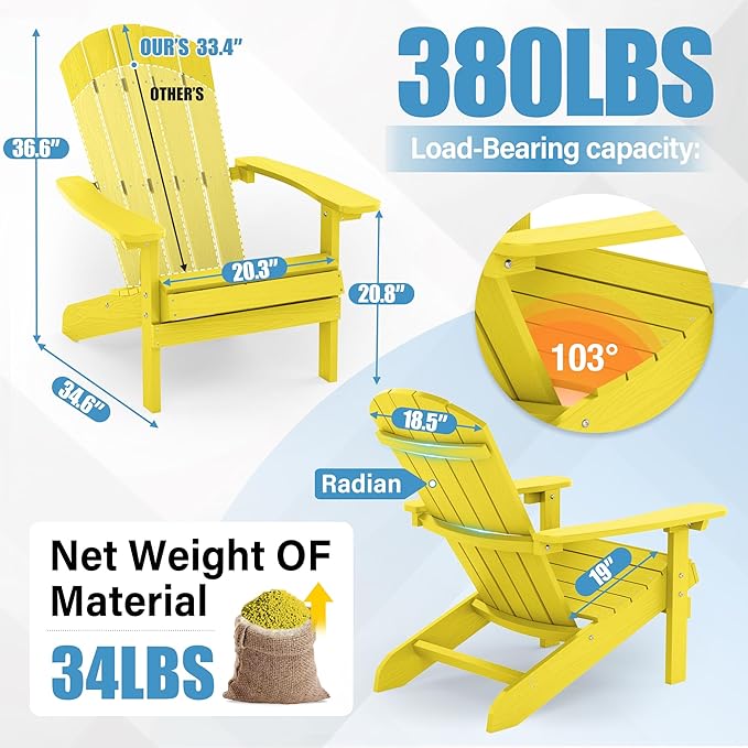 YEFU Adirondack Chairs Set of 4: Outdoor Chair HIPS Plastic Adirondack Chairs - Patio Chairs with Wood Texture - Lawn Fire Pit Deck Porch Garden Chairs for Adults (Yellow)