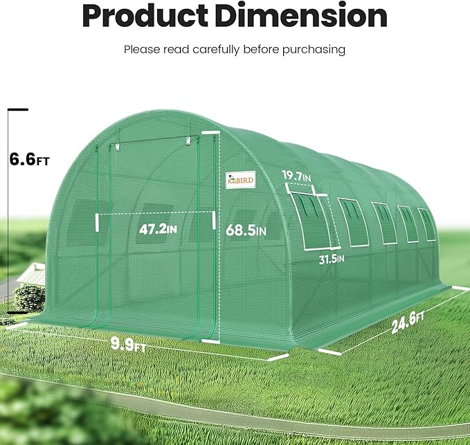 KING BIRD Premium 25x10x6.6FT Greenhouse for Outdoors, Large Walk-in Upgraded Galvanized Metal Frame, Mesh Door Screen Window Improved Zipper Tunnel Hoop for Garden Plant Winter, 2 Stiffeners, Green