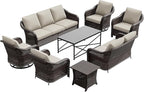 7 Pieces Patio Conversation Set, 78" Wicker 3-Seat Couch with Washable Cushions, 2 Glider Swivel Rocker Chairs, 2 Armchairs, Coffee Table, Rattan Cat Bed End Table, Sofa for Lawn (Beige)