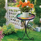 HONGLAND Outdoor Mosaic Side Table, 12" Small Outdoor Table, Round Patio Side Table End Table, Glass Plant Stand, Small Bistro Coffee Table for Garden Patio Porch Living Room （Hummingbird）