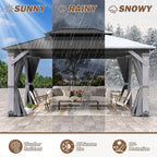 12 x 16FT Wood Gazebo, Wooden Frame Gazebos with Netting and Curtains,Outdoor Hardtop Gazebo with Wood Posts and Galvanized Steel Doule Roof for Lawn, Backyard Deck