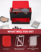 MRAUF MTG Deck Box with Double Commander Display and Dice Tray, Fits 200+ Double Sleeved Cards, Card Storage Box Plus 2 Magnetic Holders& 100Pcs Card Sleeves (Black& Red)