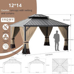 12’x14’ Hardtop Gazebo Outdoor Aluminum Frame Permanent Gazebo Galvanized Steel Double Roof Pergola with Nettings and Curtains for Patio, Lawns,Backyard, Deck(Brown)